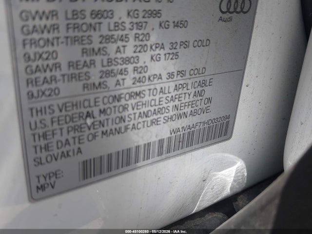 Aukcja sprzedaży 2017 Audi Q7 3.0t Premium, vin: WA1VAAF71HD032094, numer aukcji: 45100280