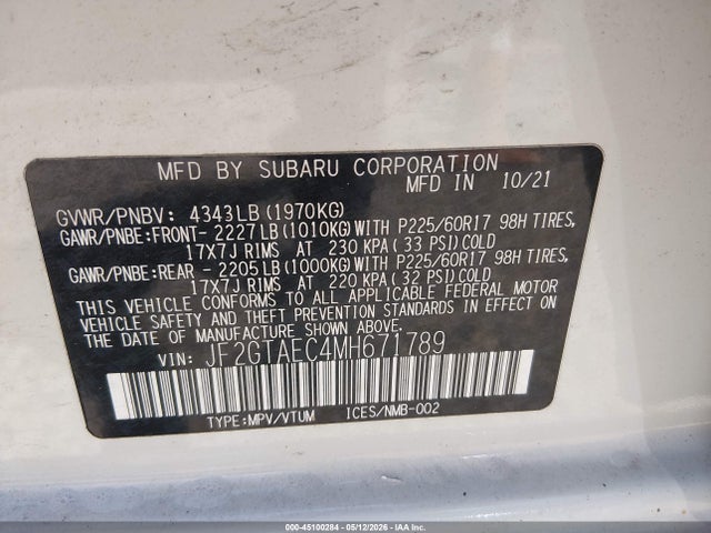 2021 Subaru Crosstrek Premium მანქანა იყიდება აუქციონზე, vin: JF2GTAEC4MH671789, აუქციონის ნომერი: 45100284