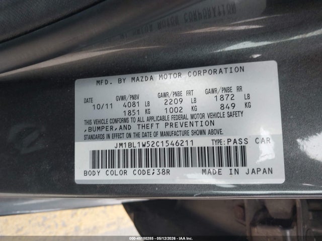 Aukcja sprzedaży 2012 Mazda Mazda3 S Grand Touring, vin: JM1BL1W52C1546211, numer aukcji: 45100285