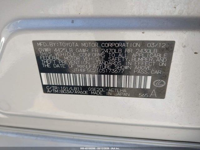 Aukcja sprzedaży 2012 Lexus Is 250, vin: JTHBF5C21C5173677, numer aukcji: 45100288
