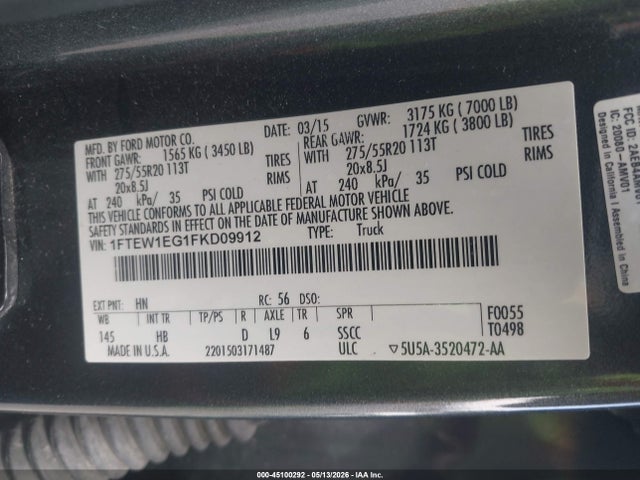 Ford F-150 Lariat 2015 1FTEW1EG1FKD09912 Image 9