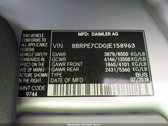 45100293 :رقم المزاد ، 8BRPE7CD0JE158963 vin ، 2018 Mercedes-benz Sprinter 2500 Standard Roof V6 مزاد بيع