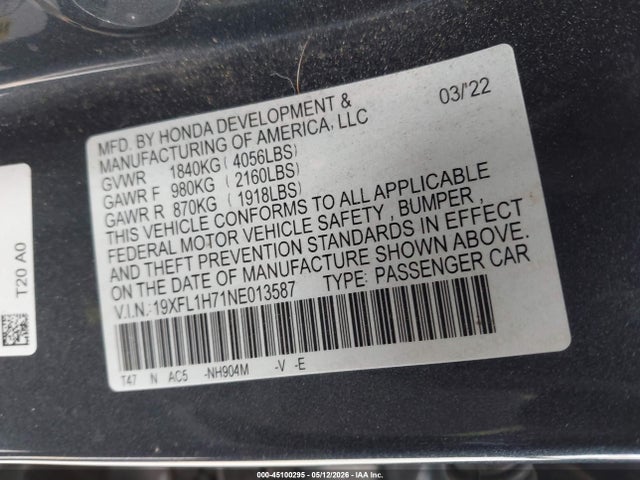 19XFL1H71NE013587 Honda Civic Ex-l
