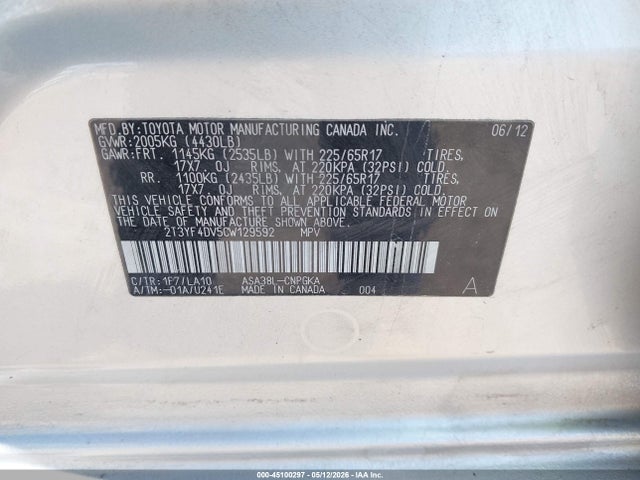 45100297 :رقم المزاد ، 2T3YF4DV5CW129592 vin ، 2012 Toyota Rav4 Limited مزاد بيع