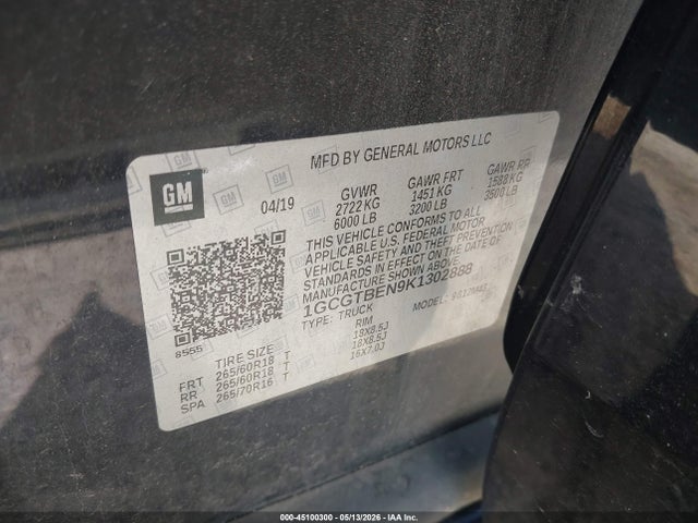 2019 Chevrolet Colorado Wt მანქანა იყიდება აუქციონზე, vin: 1GCGTBEN9K1302888, აუქციონის ნომერი: 45100300
