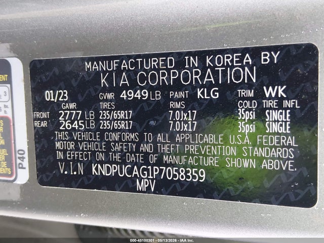 45100301 :رقم المزاد ، KNDPUCAG1P7058359 vin ، 2023 Kia Sportage Hybrid Lx مزاد بيع
