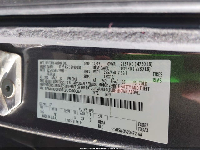 Aukcja sprzedaży 2016 Ford Escape Se, vin: 1FMCU0G97GUC00085, numer aukcji: 45100307