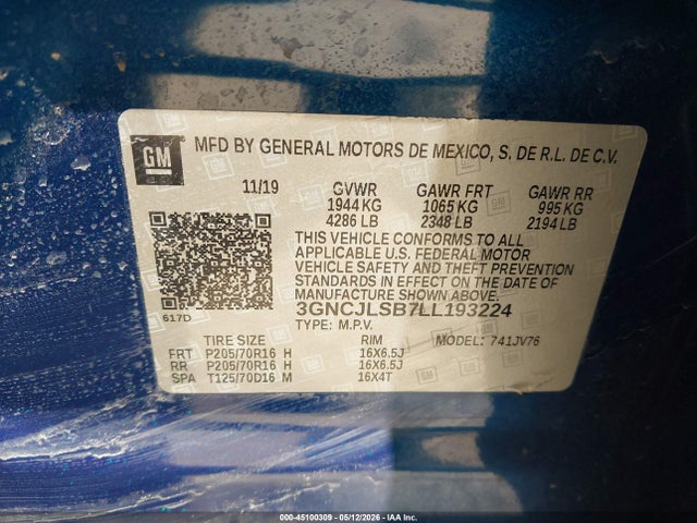 2020 Chevrolet Trax Fwd Lt მანქანა იყიდება აუქციონზე, vin: 3GNCJLSB7LL193224, აუქციონის ნომერი: 45100309