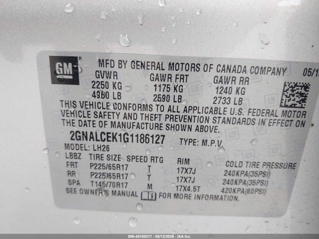 2GNALCEK1G1186127 Chevrolet EQUINOX LT