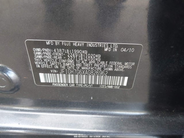 Продаж на аукціоні авто 2010 Subaru Impreza Wrx Premium, vin: JF1GH7G6XAG826962, номер лоту: 45100323