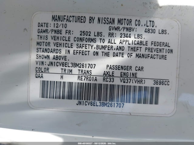 2011 Infiniti G37x მანქანა იყიდება აუქციონზე, vin: JN1CV6EL3BM261707, აუქციონის ნომერი: 45100327