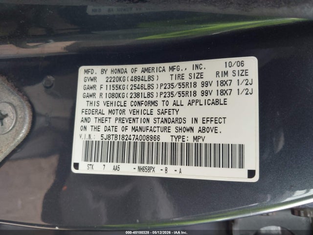 Aukcja sprzedaży 2007 Acura Rdx, vin: 5J8TB18247A008966, numer aukcji: 45100328