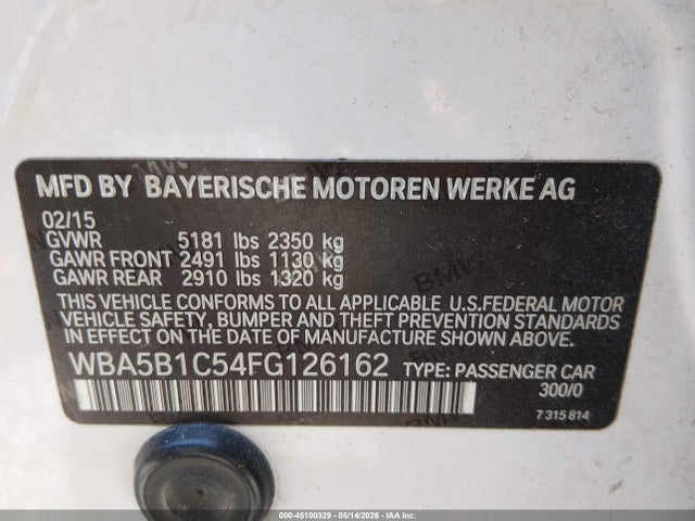Продаж на аукціоні авто 2015 Bmw 535i, vin: WBA5B1C54FG126162, номер лоту: 45100329