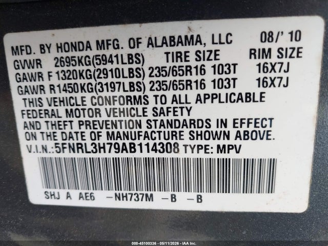 45100336 :رقم المزاد ، 5FNRL3H79AB114308 vin ، 2010 Honda Odyssey Exl مزاد بيع
