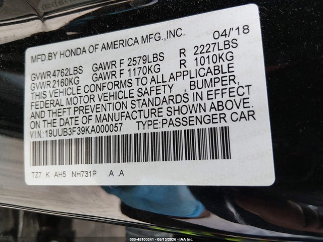 2019 Acura Tlx Standard მანქანა იყიდება აუქციონზე, vin: 19UUB3F39KA000057, აუქციონის ნომერი: 45100341