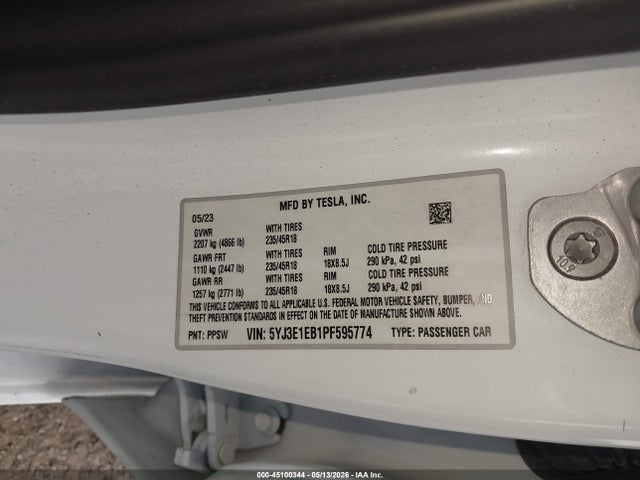 45100344 :رقم المزاد ، 5YJ3E1EB1PF595774 vin ، 2023 Tesla Model 3 Long Range Dual Motor All-wheel Drive مزاد بيع
