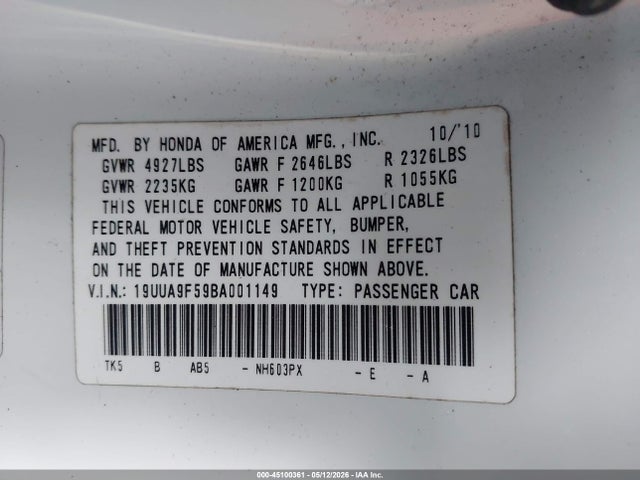 Продажа на аукционе авто 2011 Acura Tl 3.7, vin: 19UUA9F59BA001149, номер лота: 45100361