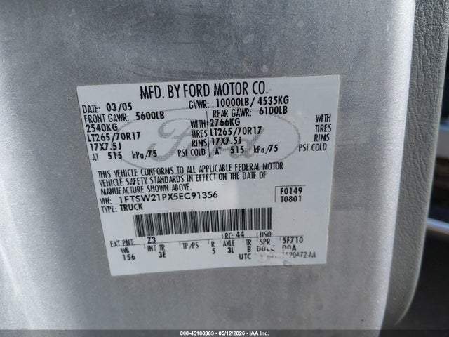 Продажа на аукционе авто 2005 Ford F-250, vin: 1FTSW21PX5EC91356, номер лота: 45100363