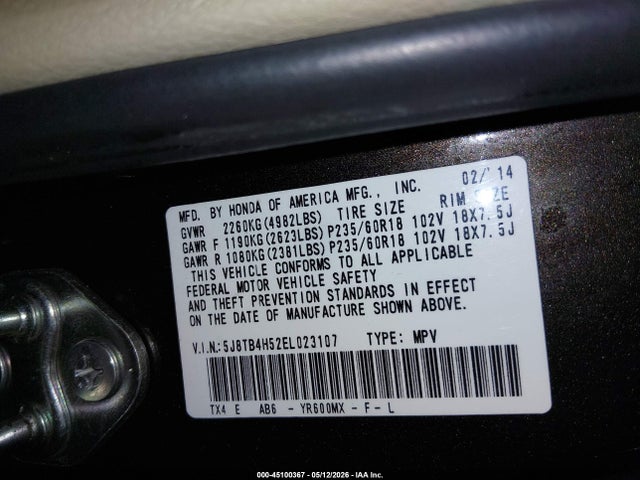 Aukcja sprzedaży 2014 Acura Rdx, vin: 5J8TB4H52EL023107, numer aukcji: 45100367