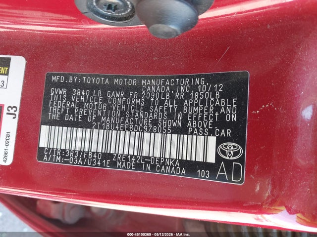 Продаж на аукціоні авто 2013 Toyota Corolla Le, vin: 2T1BU4EE8DC978055, номер лоту: 45100369