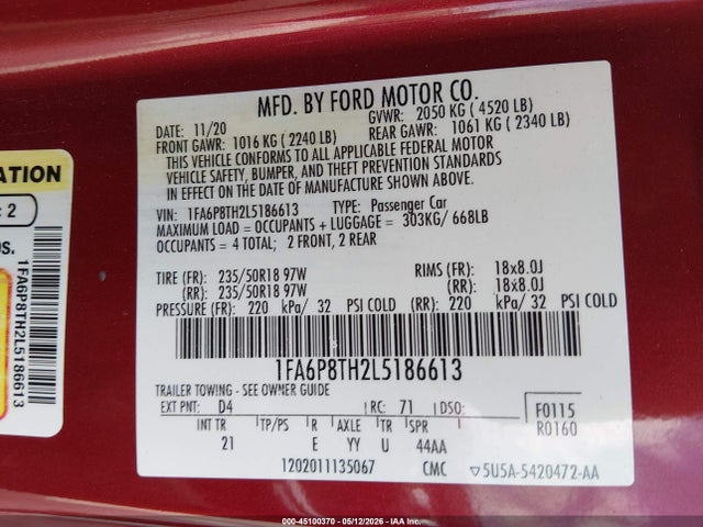 Aukcja sprzedaży 2020 Ford Mustang Ecoboost Fastback, vin: 1FA6P8TH2L5186613, numer aukcji: 45100370