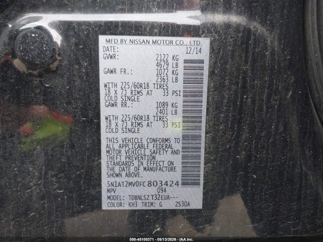 45100371 :رقم المزاد ، 5N1AT2MV0FC803424 vin ، 2015 Nissan Rogue Sl مزاد بيع