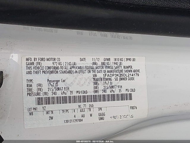 Продаж на аукціоні авто 2013 Ford Focus Se, vin: 1FADP3K25DL214179, номер лоту: 45100378