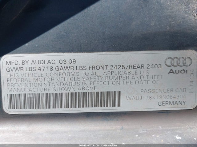 Продаж на аукціоні авто 2009 Audi A4 2.0t Premium, vin: WAUJF78K19N064904, номер лоту: 45100379