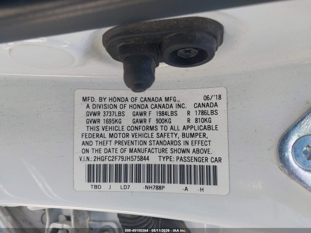 45100384 :رقم المزاد ، 2HGFC2F79JH575844 vin ، 2018 Honda Civic Ex مزاد بيع