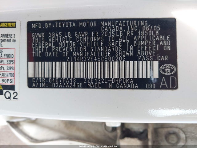 Продаж на аукціоні авто 2005 Toyota Matrix Xr, vin: 2T1KR32E45C500202, номер лоту: 45100388
