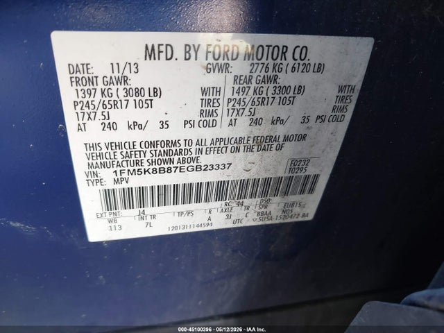 45100396 :رقم المزاد ، 1FM5K8B87EGB23337 vin ، 2014 Ford Explorer مزاد بيع