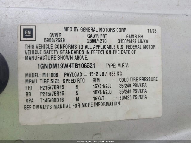 Aukcja sprzedaży 1996 Chevrolet Astro, vin: 1GNDM19W4TB106521, numer aukcji: 45100397
