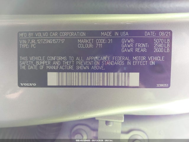 2022 Volvo S60 B5 Momentum მანქანა იყიდება აუქციონზე, vin: 7JRL12TZ5NG157717, აუქციონის ნომერი: 45100400