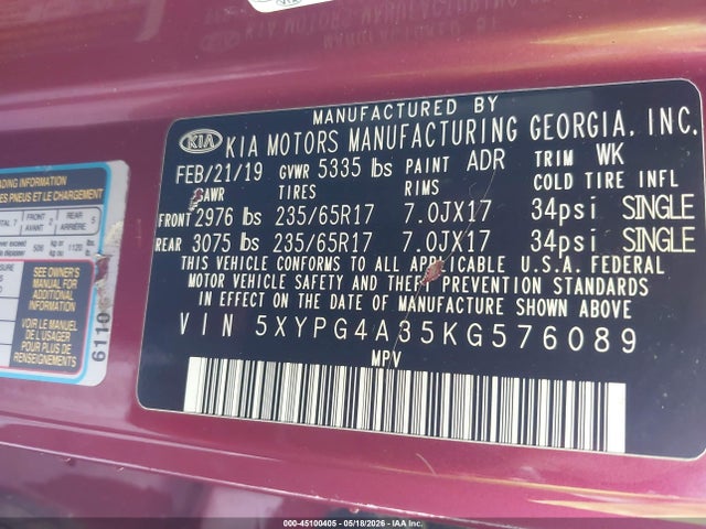 Aukcja sprzedaży 2019 Kia Sorento 2.4l Lx, vin: 5XYPG4A35KG576089, numer aukcji: 45100405