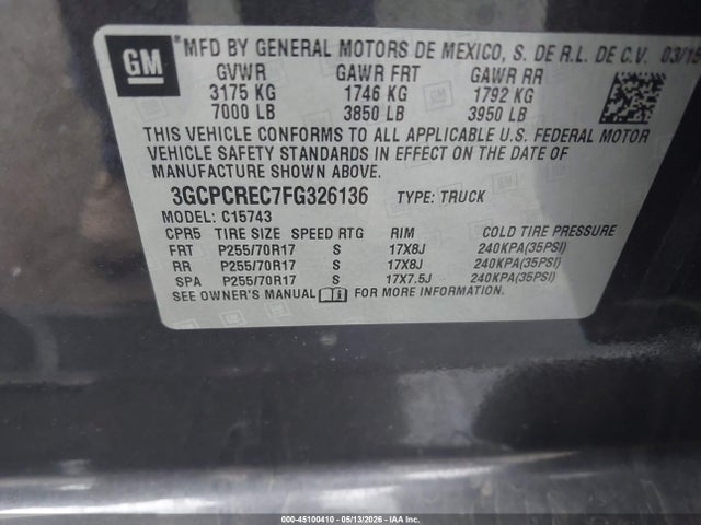 3GCPCREC7FG326136 Chevrolet Silverado 1500 1lt