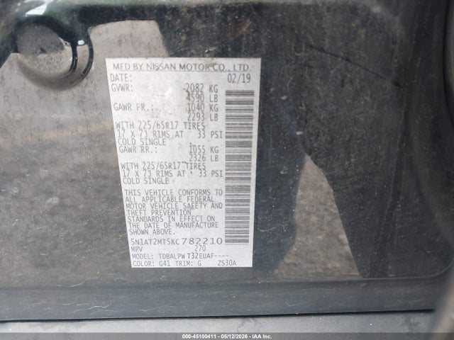 45100411 :رقم المزاد ، 5N1AT2MT5KC782210 vin ، 2019 Nissan Rogue S مزاد بيع