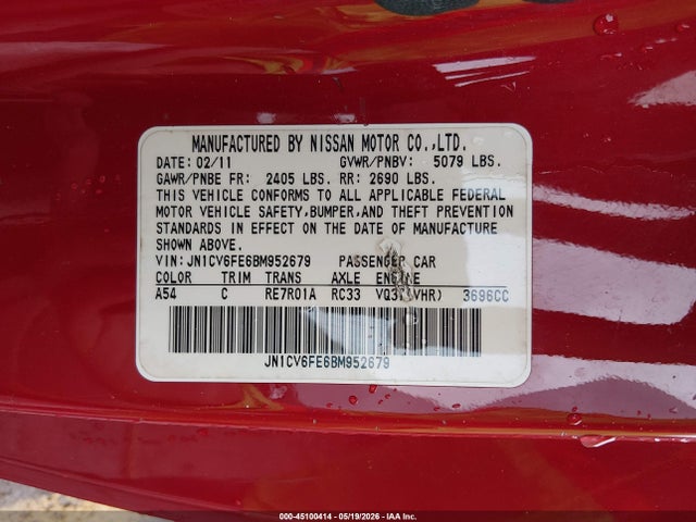 45100414 :رقم المزاد ، JN1CV6FE6BM952679 vin ، 2011 Infiniti G37 مزاد بيع