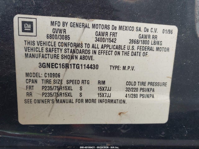 Продажа на аукционе авто 1996 Chevrolet Suburban C1500, vin: 3GNEC16R1TG114430, номер лота: 45100421