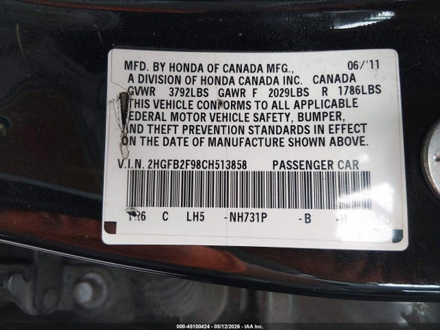Продажа на аукционе авто 2012 Honda Civic Ex-l, vin: 2HGFB2F98CH513858, номер лота: 45100424