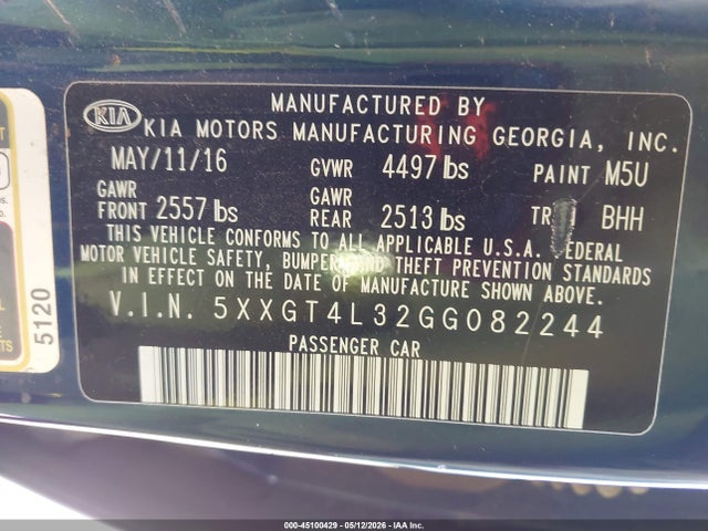 Aukcja sprzedaży 2016 Kia Optima Lx, vin: 5XXGT4L32GG082244, numer aukcji: 45100429