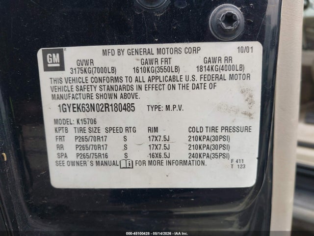 2002 Cadillac Escalade Standard მანქანა იყიდება აუქციონზე, vin: 1GYEK63N02R180485, აუქციონის ნომერი: 45100428
