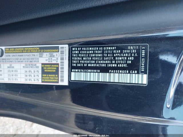 2012 Volkswagen Gti 2-door მანქანა იყიდება აუქციონზე, vin: WVWFD7AJ1CW099010, აუქციონის ნომერი: 45100448