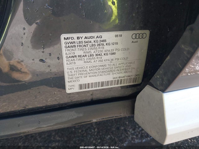 2019 Audi Q5 45 Premium მანქანა იყიდება აუქციონზე, vin: WA1BNAFY8K2112432, აუქციონის ნომერი: 45100457