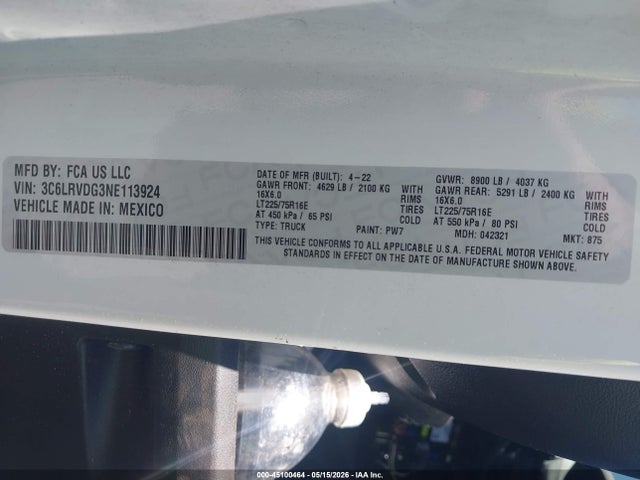 Продажа на аукционе авто 2022 Ram Promaster 2500 High Roof 159 Wb, vin: 3C6LRVDG3NE113924, номер лота: 45100464