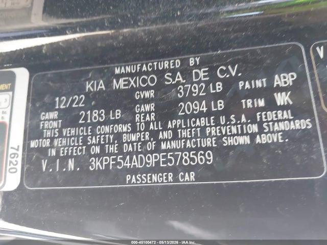 Auction sale of the 2023 Kia Forte Gt-line, vin: 3KPF54AD9PE578569, lot number: 45100472