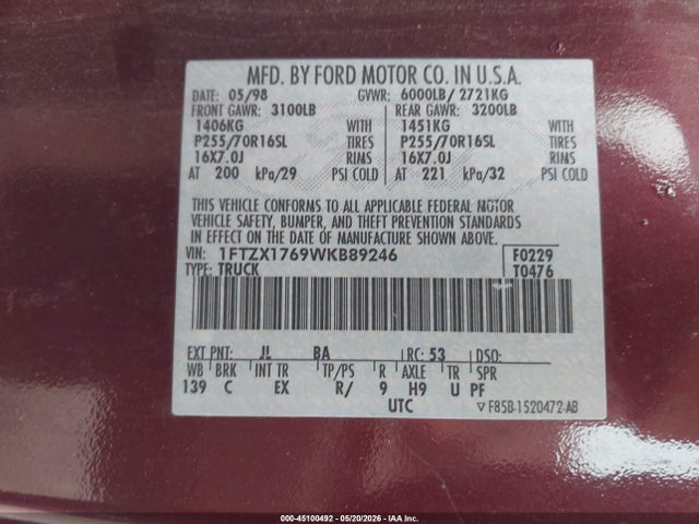 45100492 :رقم المزاد ، 1FTZX1769WKB89246 vin ، 1998 Ford F-150 Lariat/standard/xl/xlt مزاد بيع