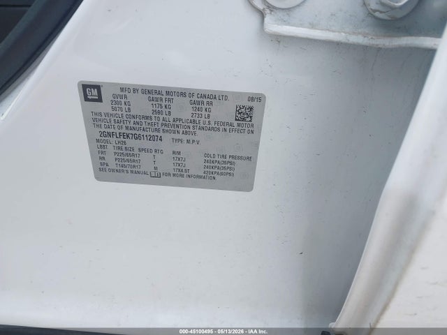 Aukcja sprzedaży 2016 Chevrolet Equinox Lt, vin: 2GNFLFEK7G6112074, numer aukcji: 45100495