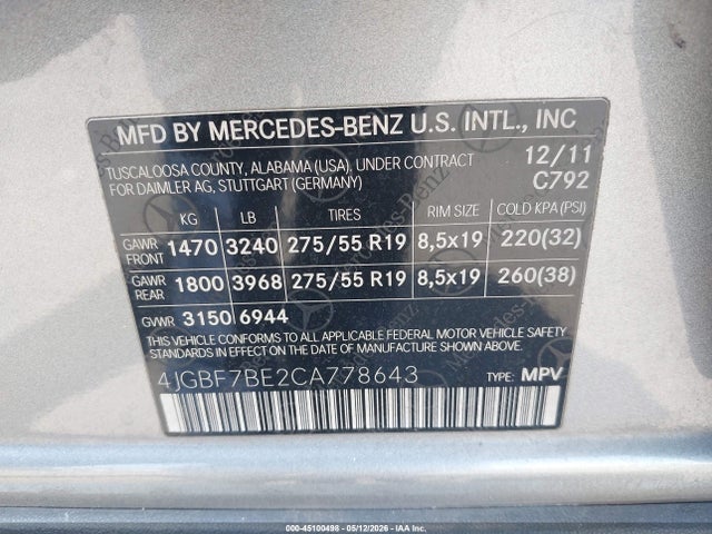 Продаж на аукціоні авто 2012 Mercedes-benz Gl 450 4matic, vin: 4JGBF7BE2CA778643, номер лоту: 45100498
