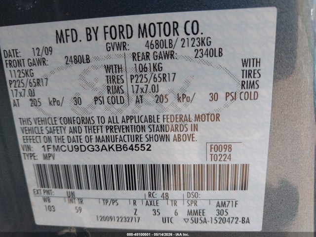 45100501 :رقم المزاد ، 1FMCU9DG3AKB64552 vin ، 2010 Ford Escape Xlt مزاد بيع