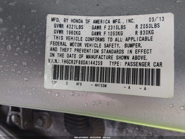 Продаж на аукціоні авто 2013 Honda Accord Ex-l, vin: 1HGCR2F86DA144259, номер лоту: 45100502